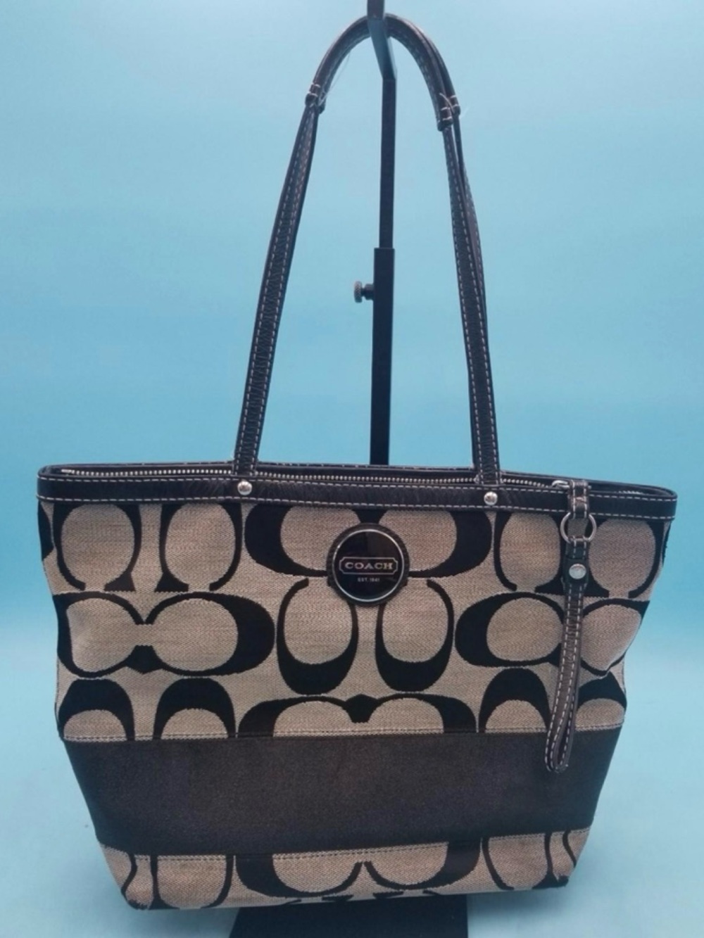 Y2K Coach Black and Gray Jacquard Signature Canvas Small Tote Handbag w/ Stripe
